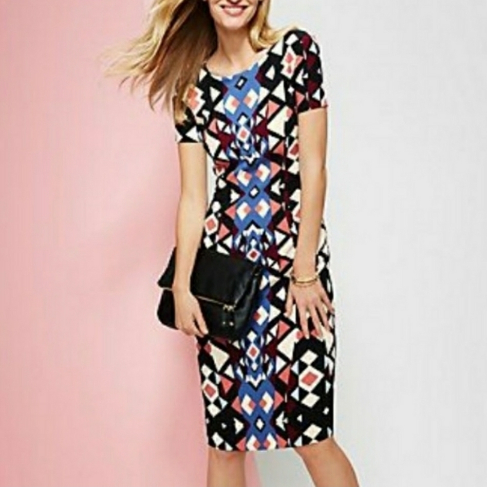 TALBOTS SCUBA STRETCH GEO SHEATH DRESS SZ L 14